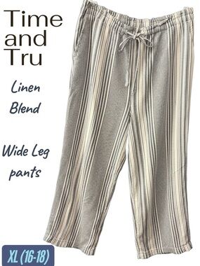 Time and Tru Neutral Striped Linen-Blend Wide Leg Crops
